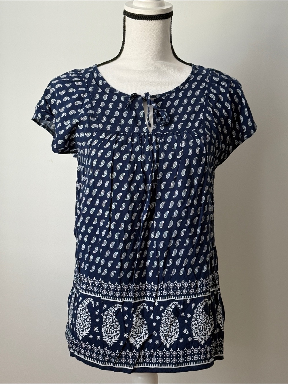 St. John’s Bay Navy Paisley Tie-Neck Women's Top, Size Small
